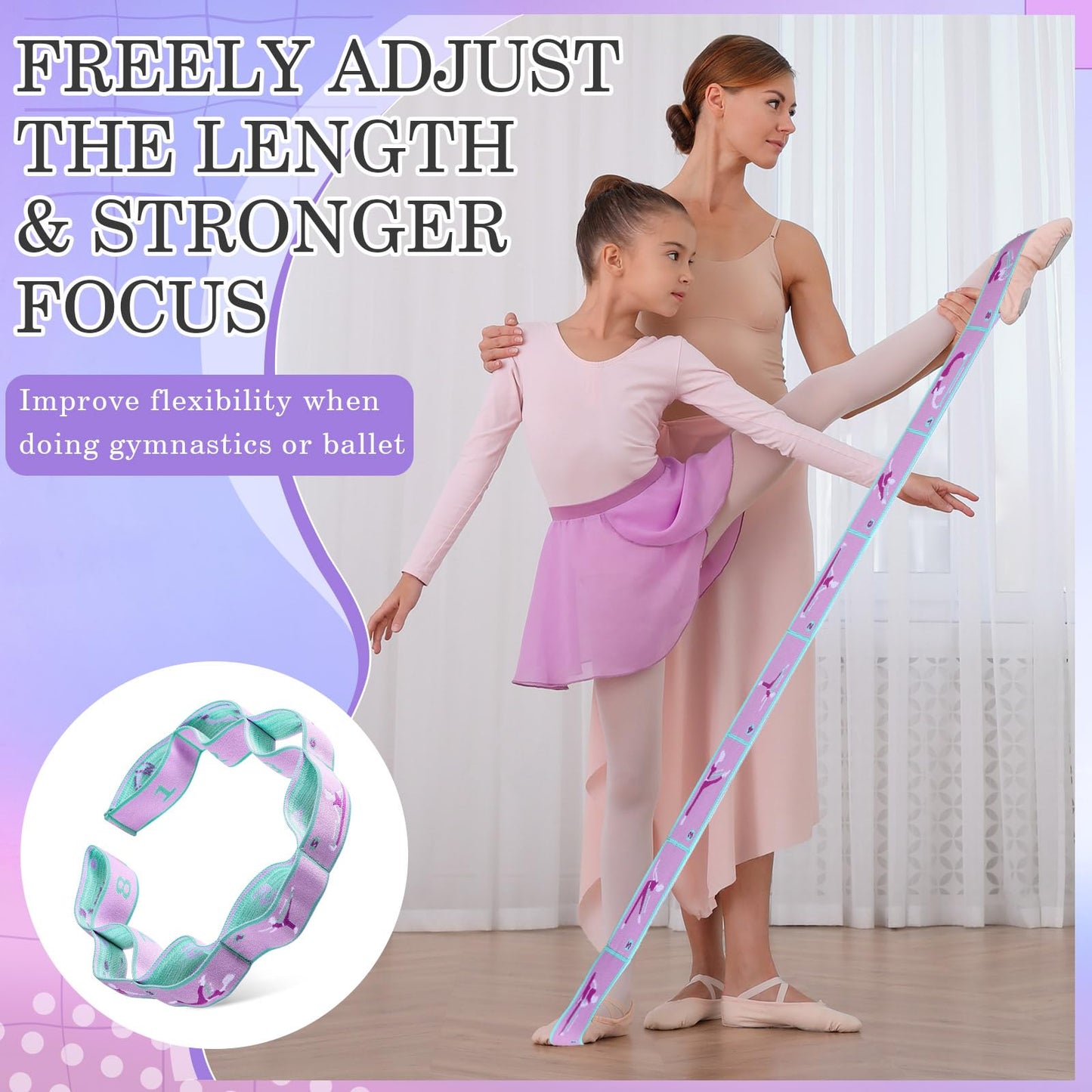 1 Pcs Stretch Strap for Kids Elastic Gymnastics Stretching Ballet Dance Band with 8 Loops Adjustable Exercise Training Resistance Strap for Children Stuff Pilates Latin Yoga Equipment (Purple)