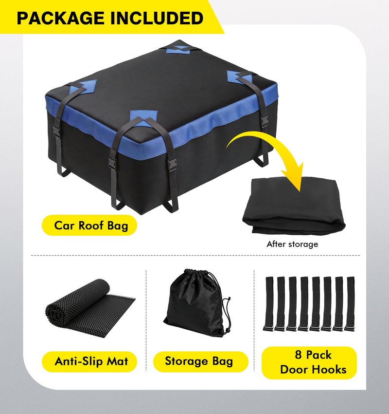 Cyfie Car Rooftop Cargo Carrier Bag, 15 Cubic Feet Waterproof Heavy Duty 420D Oxford Cloth Car Roof Luggage Cargo Storage Bag for All Vehicles with/Without Rack (Black and Blue)