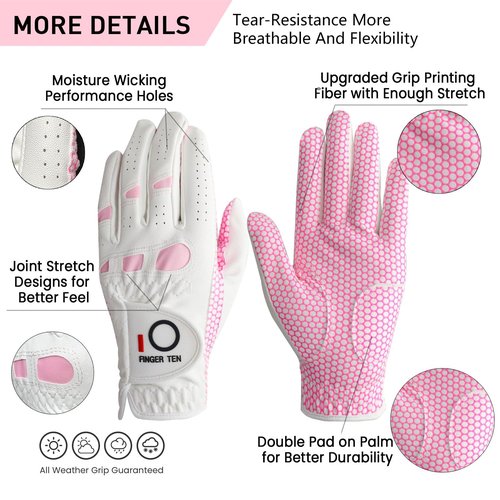 FINGER TEN Ladies Golf Gloves Left Right Hand 1 Pack, Golf Glove for Women's Golfer Lh Rh All Weather Grip, Size Fit XS Small Medium Large XL (Pink, Medium (Worn On Left Hand))