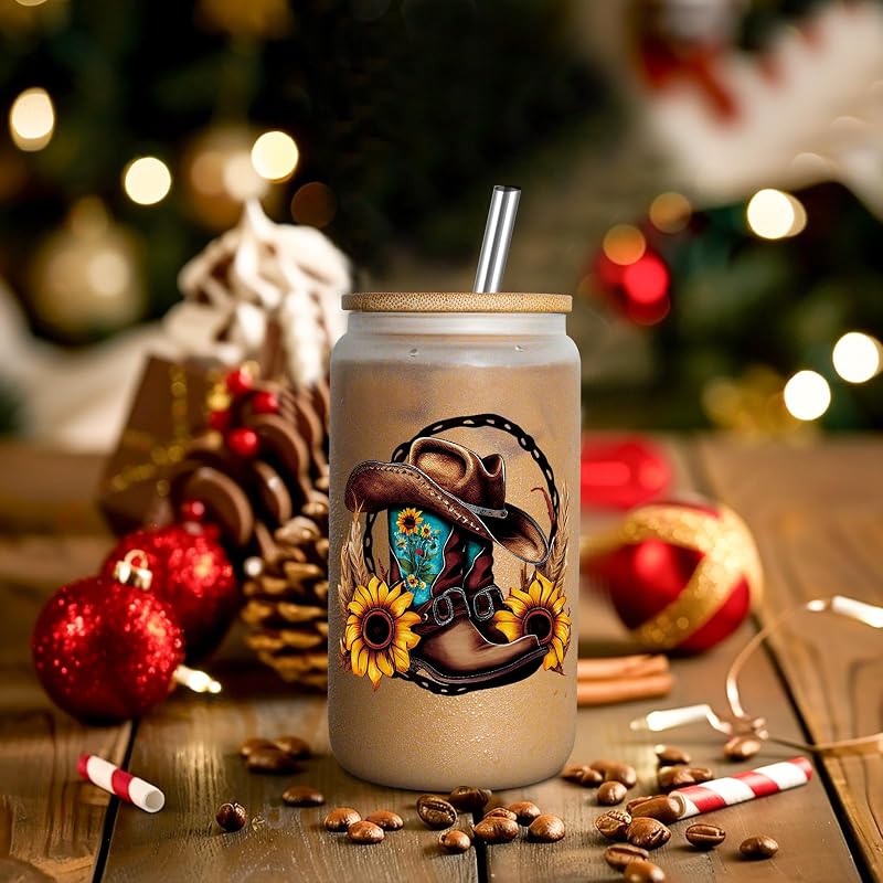 Cowgirl Glass Cup - 16 oz Western Boots & Hat Design with Gift-Ready Packaging