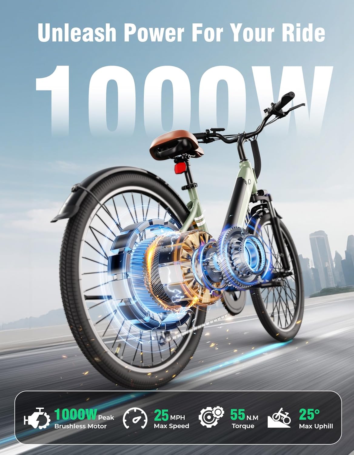 Electric Bike for Adults, 26" Up to 1000W Peak Motor Ebike 45+ Mile Range Brushless City Ebike, 25Mph 7-Speed Commuter E-Bike with Removable 360Wh Battery for Commuting, Outdoor Leisure