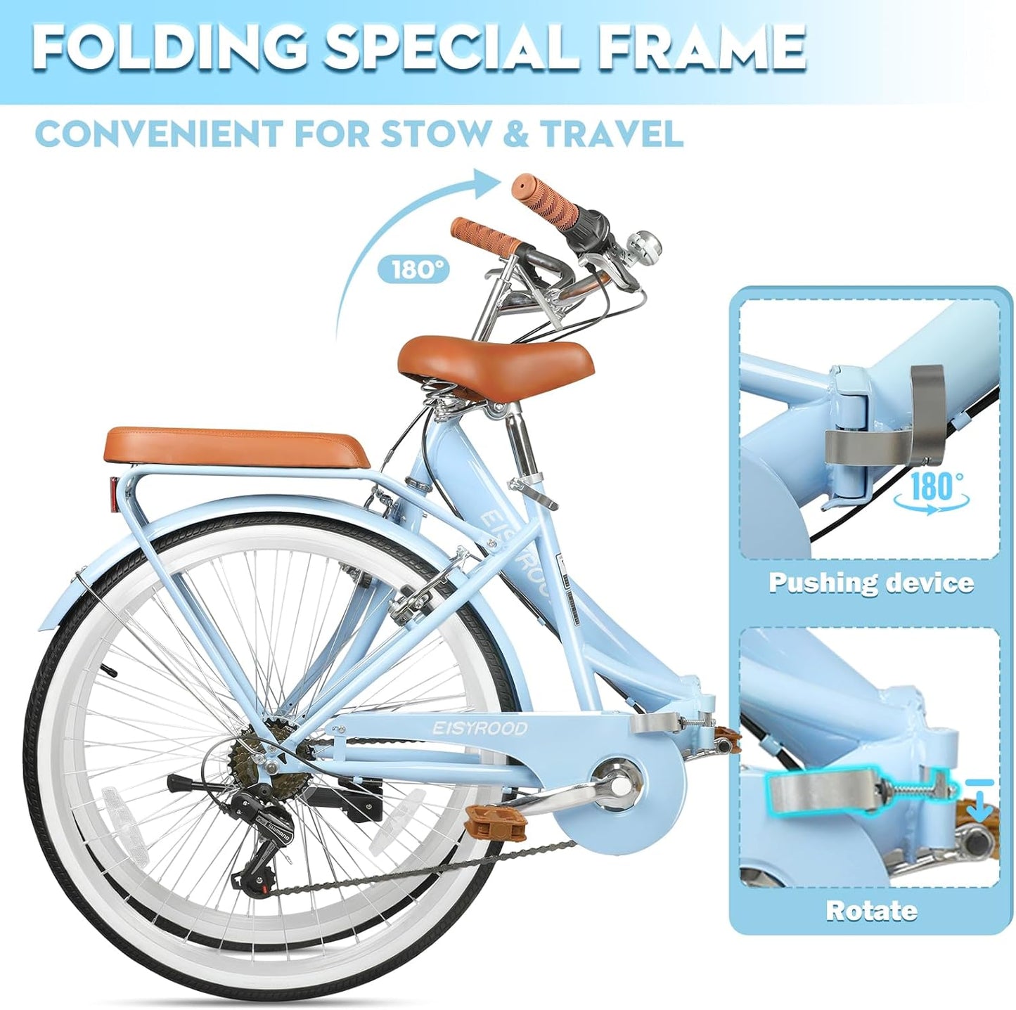 26Inch Foldable Beach Cruiser Bike for Women, Womens Folding Bike with Basket, 7 Speed Hybird Commute Bicycles with Cushion, V-Brakes, Quick Install for Adults, Womens (Blue)