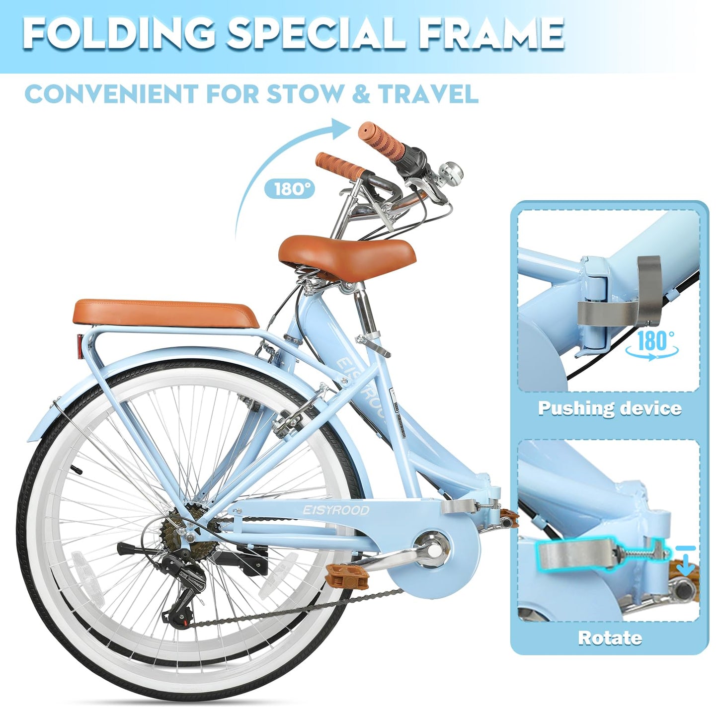26 Inch Folding Beach Cruiser Bike for Women, 7-Speed Foldable Bicycle with Basket & Rack, Lightweight City Bike for Commuting, Leisure, and Relaxed Rides (Blue - 26")