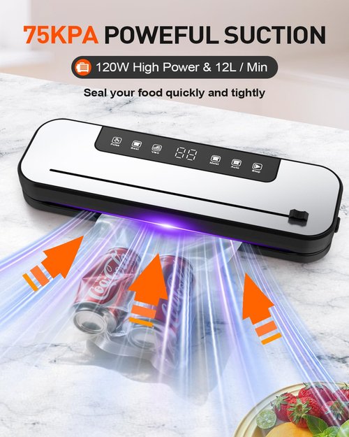 CEROBEAR Food Vacuum Sealer Machine, 75kpa Powerful Food Saver Vacuum Sealer Machine with Cutter, 6-in-1 Automatic Air Sealing for Food Storage, Sous Vide, Meat, Vegetables, Dry/Moist Modes