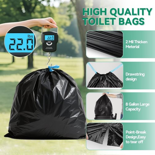 Portable Toilet bags Poo Gel Set, 8 Gallon Drawstring Camping Toilet Bags with Portable Toilet Absorbent Gel and Disposable Toilet Seat,Compostable Thicken Potty Bags for Camping Outdoor Hiking