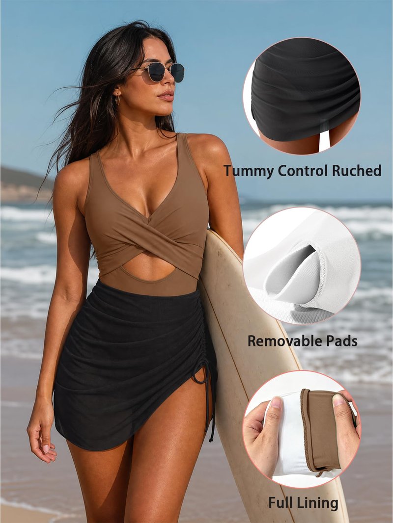 B2prity Women Mesh One Piece Swimdress Swimsuit Tummy Control Cutout V Neck Bathing Suit Wrap Drawstring Sarong Swimwear Brown, Black