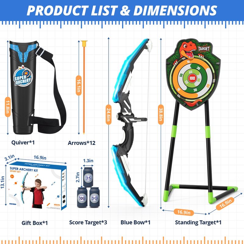 HYES Bow and Arrow for Kids, LED Light Up Archery Set with 12 Suction Cup Arrows, 1 Standing Target, 3 Score Targets & 1 Quiver, Indoor Outdoor Sport Gifts for Boys Girls Ages 4-12, Blue