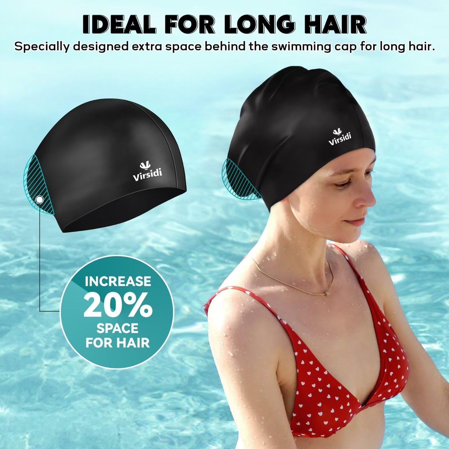 2 Pack Swim Cap for Women Men Adult, Silicone Swimming Caps for Short Long Hair, Waterproof Swim Hats Bathing Caps to Keep Hair Dry with Nose Clip and Earplugs (Black&Rose)