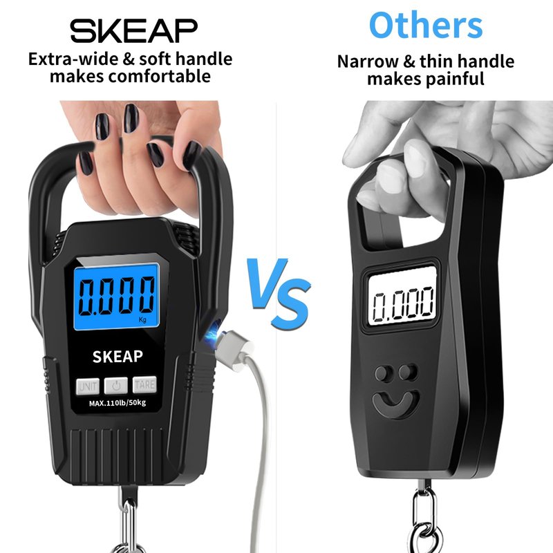 SKEAP Digital Fish Scale - 110lb/50kg Backlit LCD Fishing Gear with Portable Handle, Includes 2 AAA Batteries & Stainless Steel Hook, with USB Charging- Fishing Gifts for Men