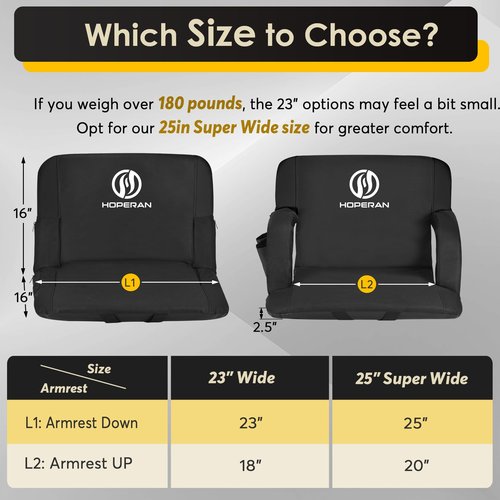 HOPERAN 25" Stadium Seats for Bleachers with Back Support, Half-fold Portable Bleacher Chairs with Back and Cushion, 600D Waterproof Reclining Extra Wide Bleacher Seat for Outdoor Sports