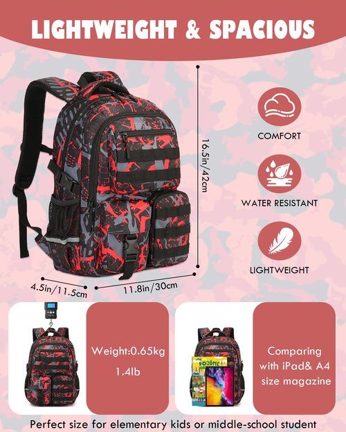 SunForMorning School Backpack for Boys Lightweight Bookbag for Kids Children Teens Elementary Middle School, Camo Boys Backpacks Back to School Gifts, Red