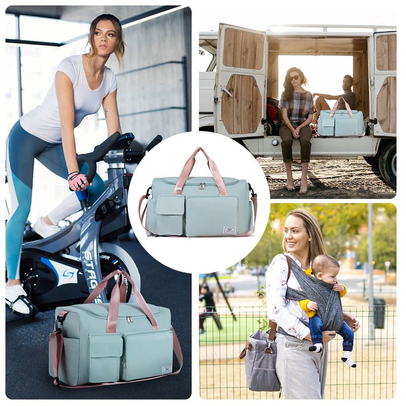 FIORETTO Women's Gym Duffle Bag with Shoes Compartment, 30L Capacity, Ideal for Travel, Gym, Sports, Duffel, Weekender, with Toiletry Bag, Green & Pink