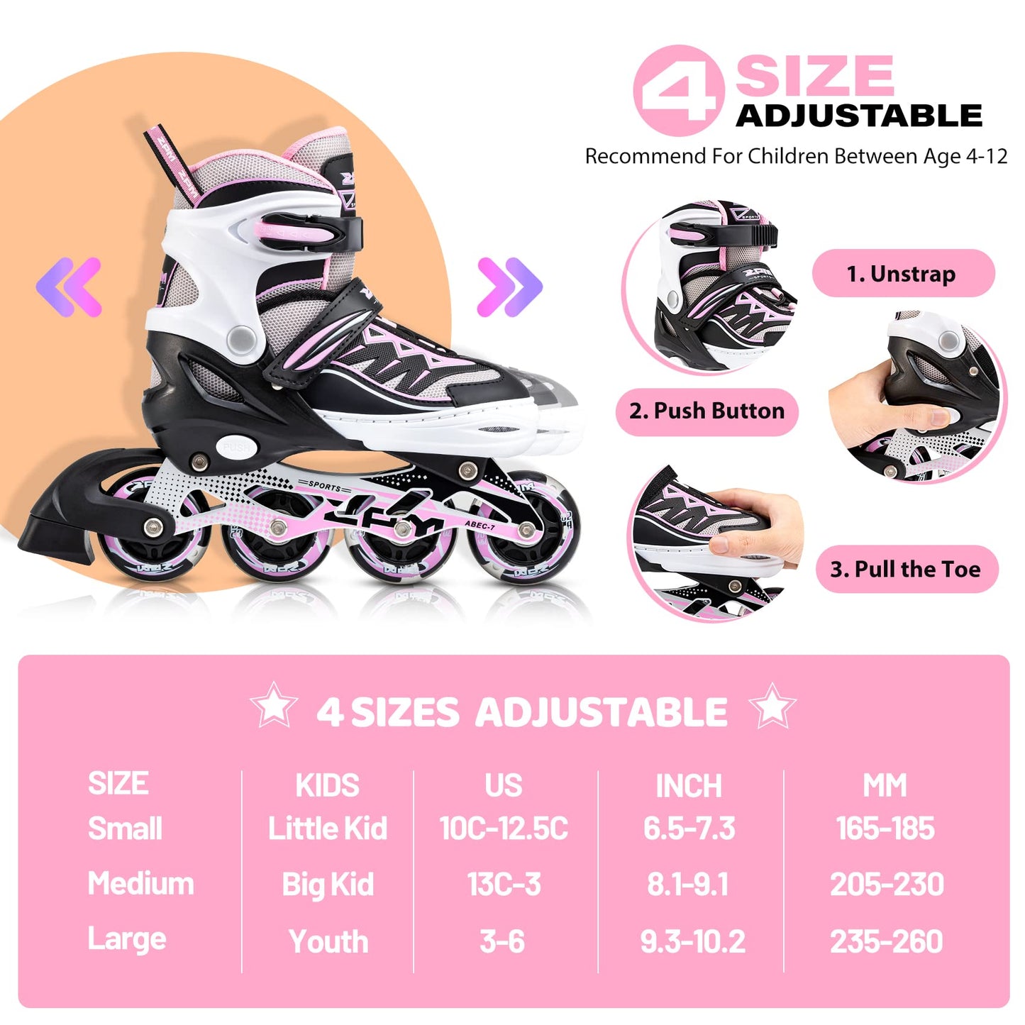 2PM SPORTS Cytia Pink Girls Adjustable Illuminating Inline Skates with Light up Wheels, Fun Flashing Beginner Roller Skates for Kids