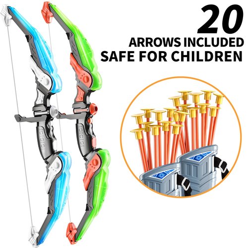 2 Pack Set Bow and Arrow Archery Toy for Kids, LED Light Up with 20 Suction Cup Arrows Target & Quiver, Outdoor Toys Kids Boys Girls Ages 3-12 Years Old