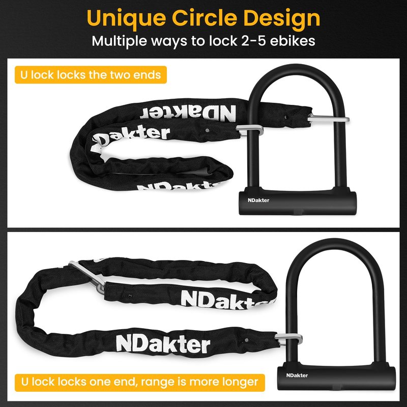NDakter Bike Locks, 17mm Heavy Duty Anti Theft, Bike U Lock with 4FT Chain and Bracket, Electric Bicycle Lock for Scooter, 3 Keys Motorcycle Wheel Lock for Ebike, Moped, Tricycle
