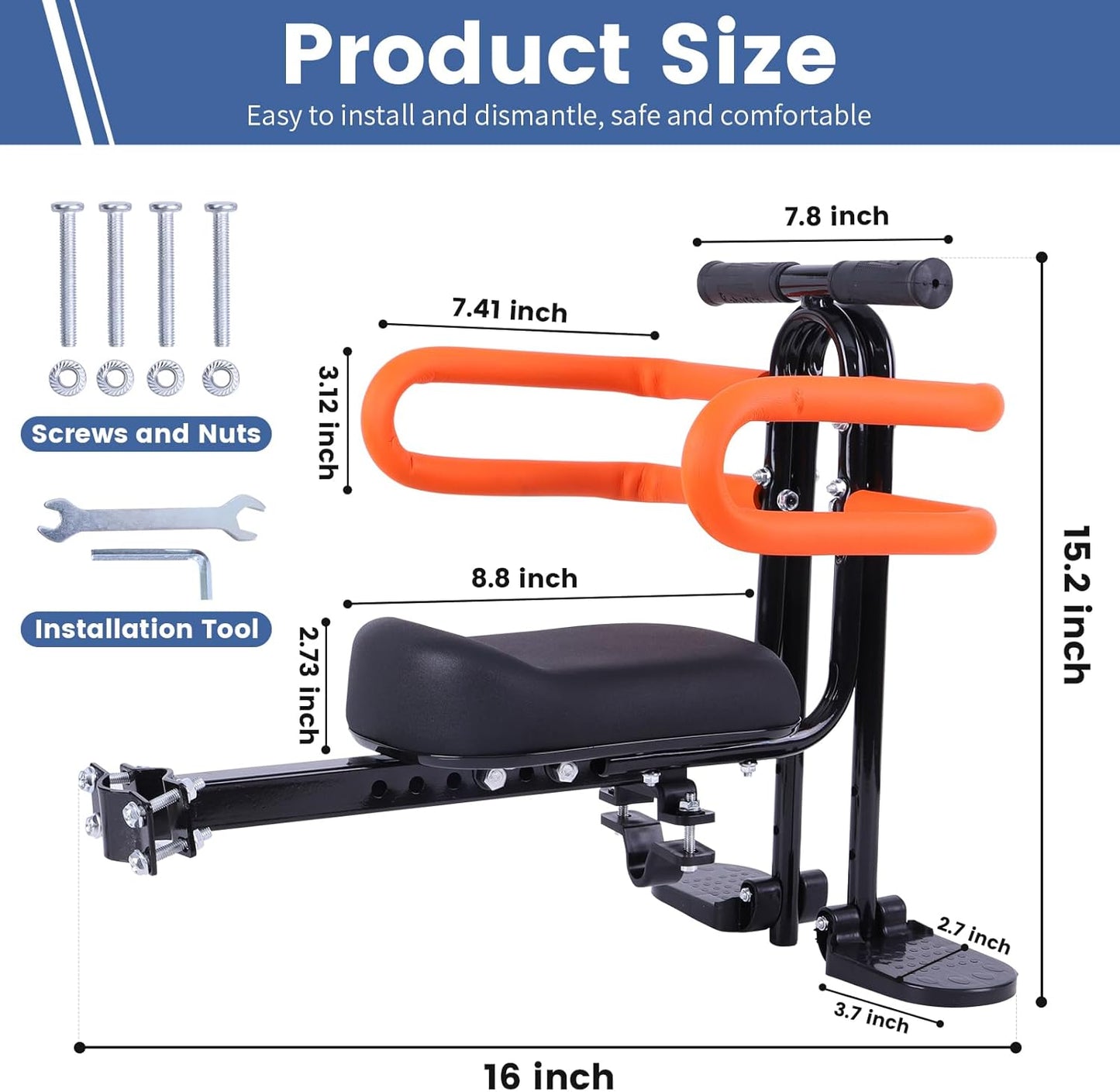 Kids Bike Seat Child Bike Seat Bicycle Seats for Children 2-5 Years Front Mount Kid Bicycle Seat Kids Bicycle Seats with Foot Pedals Front Mount with Handlebar Attachment Detachable