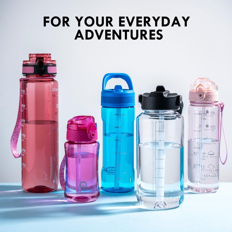 OLDLEY 32oz Water Bottle with Straw, Leakproof Tritan Clear Bottle with Marked Bottle and Carry Handle, BPA-Free Wide Mouth Reusable Sports Water Bottle for Gym,Hiking,Camping,Travel,Workout,Pink