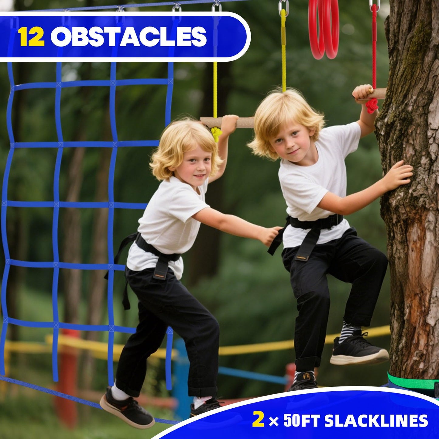 2x50 Ft Ninja Obstacle Course Kit for Kids with Slackline and 13 Fun Accessories Including Climbing Net, Rope Ladder, Monkey Bars, Ninja Obstacle Course for Kids Ages 3+ with 440lbs Weight Capacity