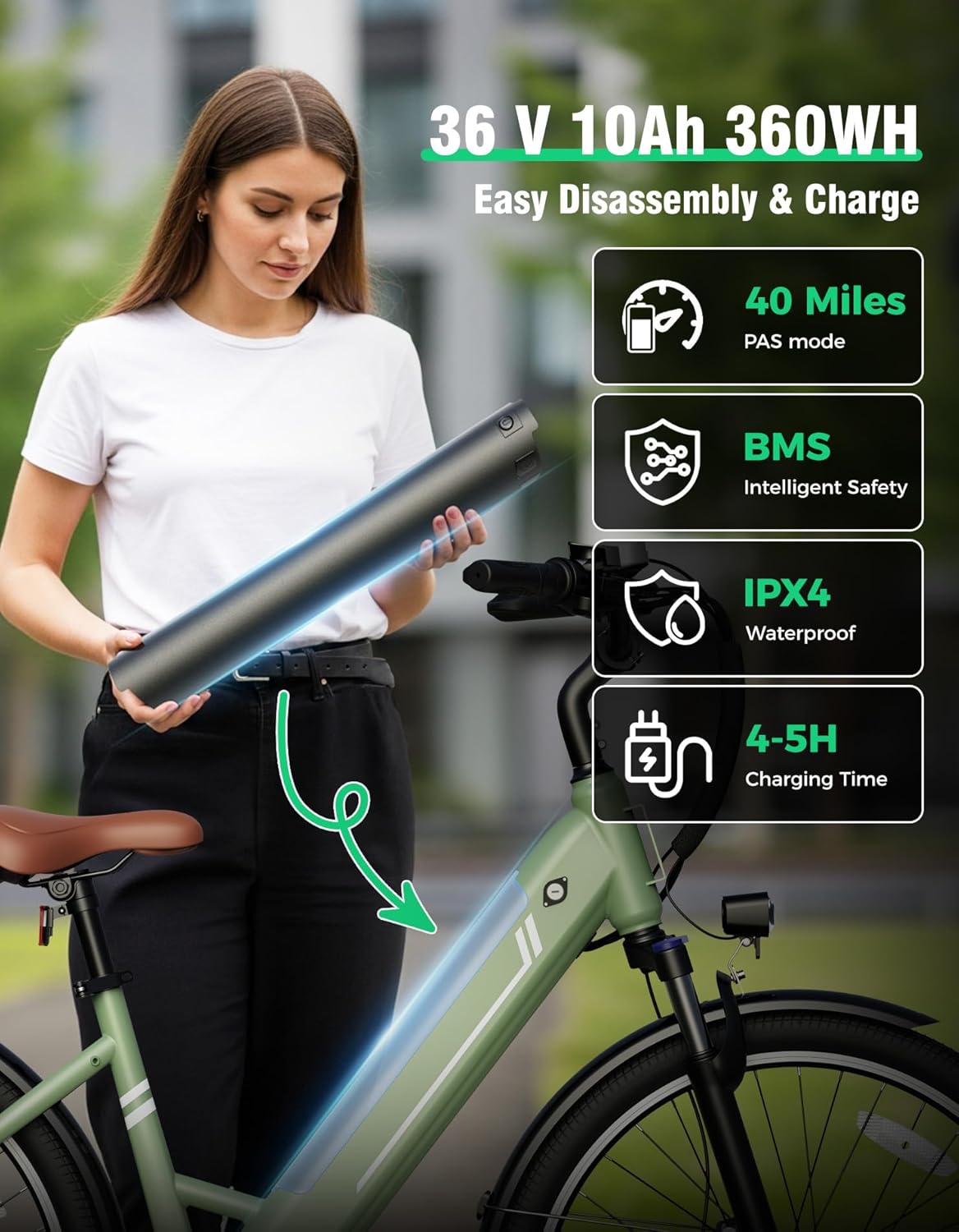 Electric Bike for Adults, 26" Up to 1000W Peak Motor Ebike 45+ Mile Range Brushless City Ebike, 25Mph 7-Speed Commuter E-Bike with Removable 360Wh Battery for Commuting, Outdoor Leisure