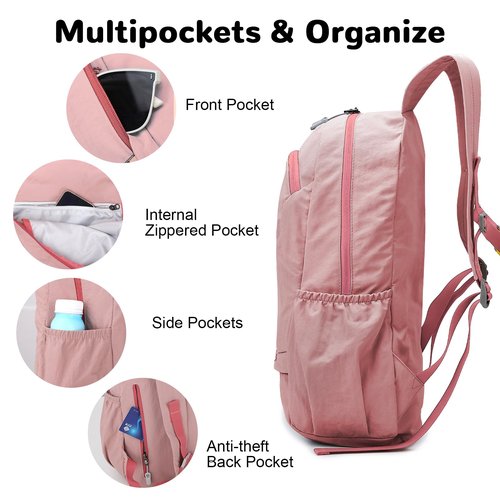 Outplea 25L Foldable Hiking Backpack for Men Women, Gym Backpack with Waterproof Pocket, Small Packable Collapsible Daypack for Travel, Pink