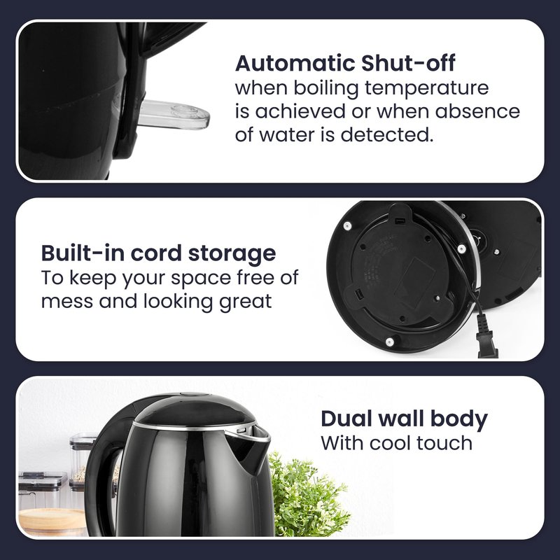 Elite Gourmet EKT1821 1.8L Double Wall Insulated, Cool-Touch 1500W Kettle w/Stainless Steel Interior & Lid, 360° Swivel Base for Cord Free Serving, Power On Lever, Auto Shut-Off, Boil Dry, Black