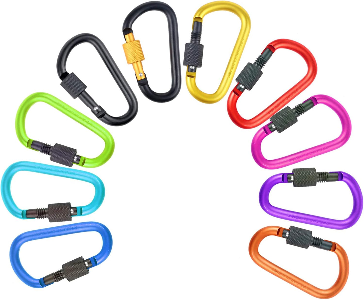 10 Pack Aluminum D Ring Key Rings Hiking Clips Locking Carabiner for Hiking Camping Fishing and Outdoor Use,Clips with Screw Gate Multicolored