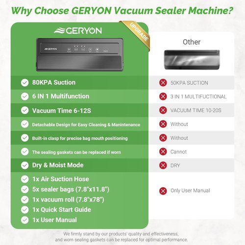 GERYON Vacuum Sealer Machine, Food Vacuum Sealer with Powerful Suction | Slim Design | Easy to Use | Led Indicator Lights for Sous Vide, Meal Prep, w/Starter Kits for Vacuum Seal Container