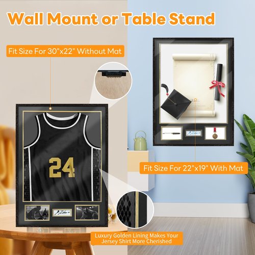 Jersey Frame Display Case for Football,Solid Wood Shadow Box with 98% UV Protection Acrylic,Two Photo Frame One Signature for Baseball, Basketball, Hockey, Uniforms - Black Walnut Finish
