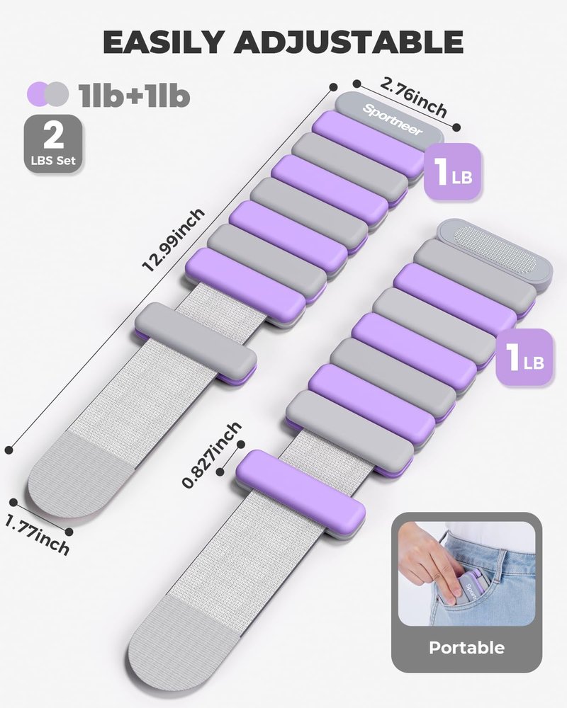 Sportneer Wrist & Ankle Weights for Women Men 2 lbs (1 lb Each) Adjustable Silicone Weighted Bracelet Set for Gym Yoga Pilates Cardio Strength Training Wearable Arm Hand Workout Weights