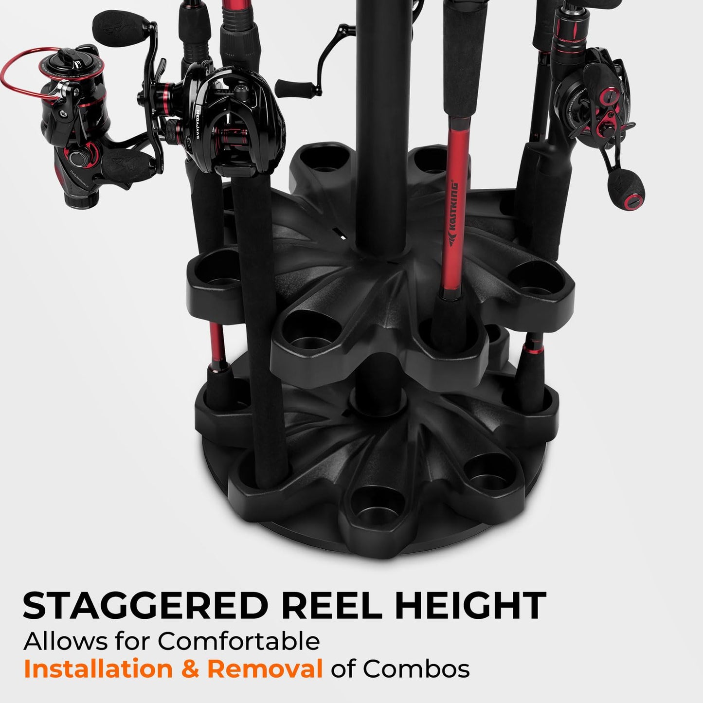 KastKing V16 Fishing Rod Rack With Rotating Base- Fishing Pole Rack Holds Up to 16 Fishing Rods or Combos, Lightweight and Durable ABS Construction, Space-Saving Fishing Rod Holders for Garage