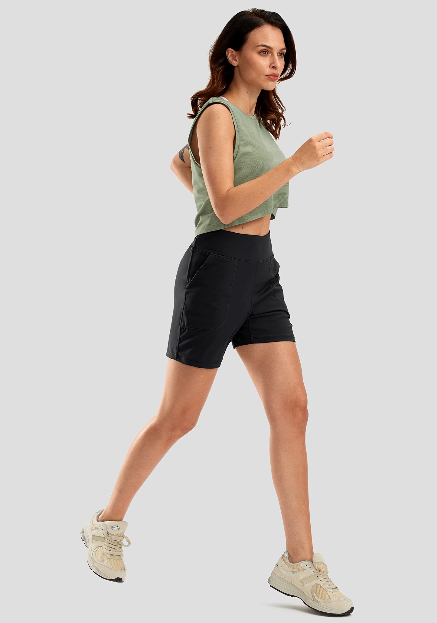 SANTINY Women's 6'' Athletic Long Shorts with 4 Pockets High Waisted Bermuda Shorts for Women Walking Running Casual (Black_XL)