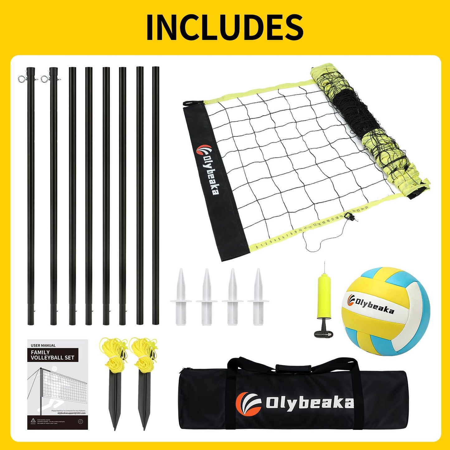 20FT Outdoor Volleyball Net Set System for Backyard Beach with Anti-Sagging Net, Iron Adjustable Height Poles, Soft PU Volleyball and Pump, Carry Bag - Instant Set Up & Durable (Black)