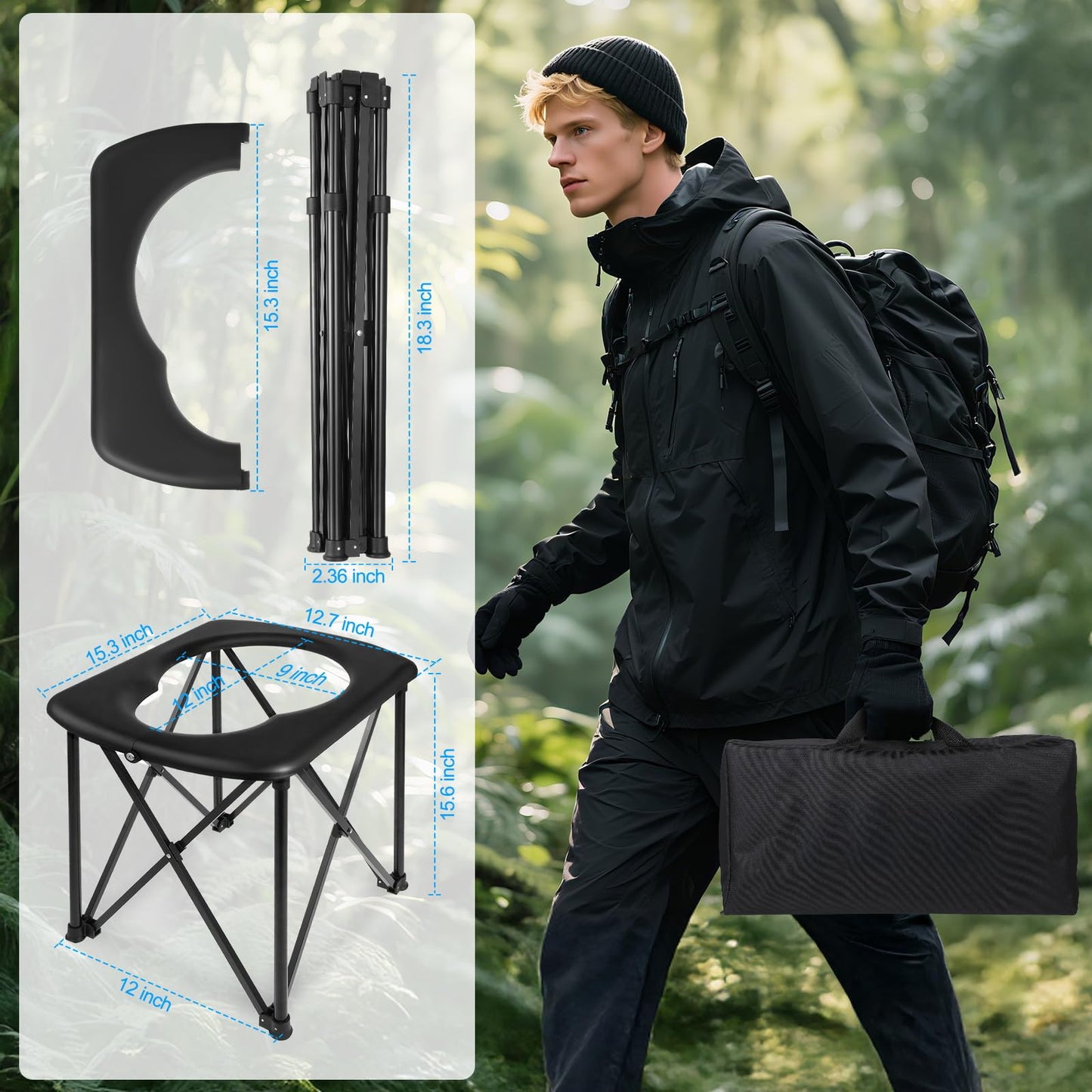 15.6'' Portable Toilet for Camping, Ultralight Foldable Camping Toilet 2-Second Setup, 350LBS Portable Potty for Adults, Compact for Camping, Hiking, RV Travel, Trucker, Fishing, Beach, Outdoor Use