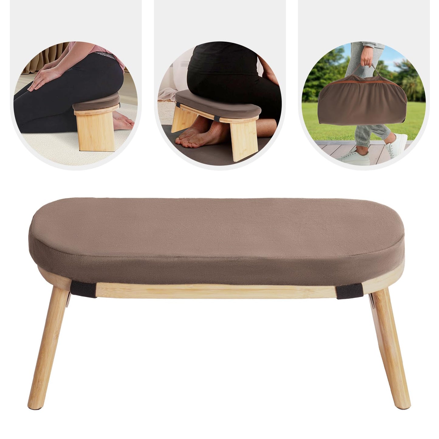 KeruRome Meditation Bench Folding Bamboo Meditation Stool with Velvet Cushion & Carry Bag, Travel Meditations Seat, Comfortable Folding Kneeling Stool Chair for Mindfulness, Zen Practice Coffee