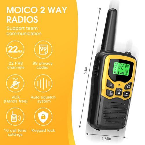 Walkie Talkies with 22 FRS Channels, MOICO Walkie Talkies for Adults with LED Flashlight VOX Scan LCD Display, Long Range Family Walkie Talkie for Hiking Camping Trip (Yellow, 4 Pack)