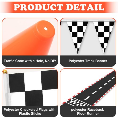 AHIER 38 Pcs Traffic Cones and Racing Flags Set - 12 Plastic Cones With Hole, 24 Checkered Flags With Sticks, 6.5Ft Racetrack Floor Runner and 9.8ft Race Track Banner