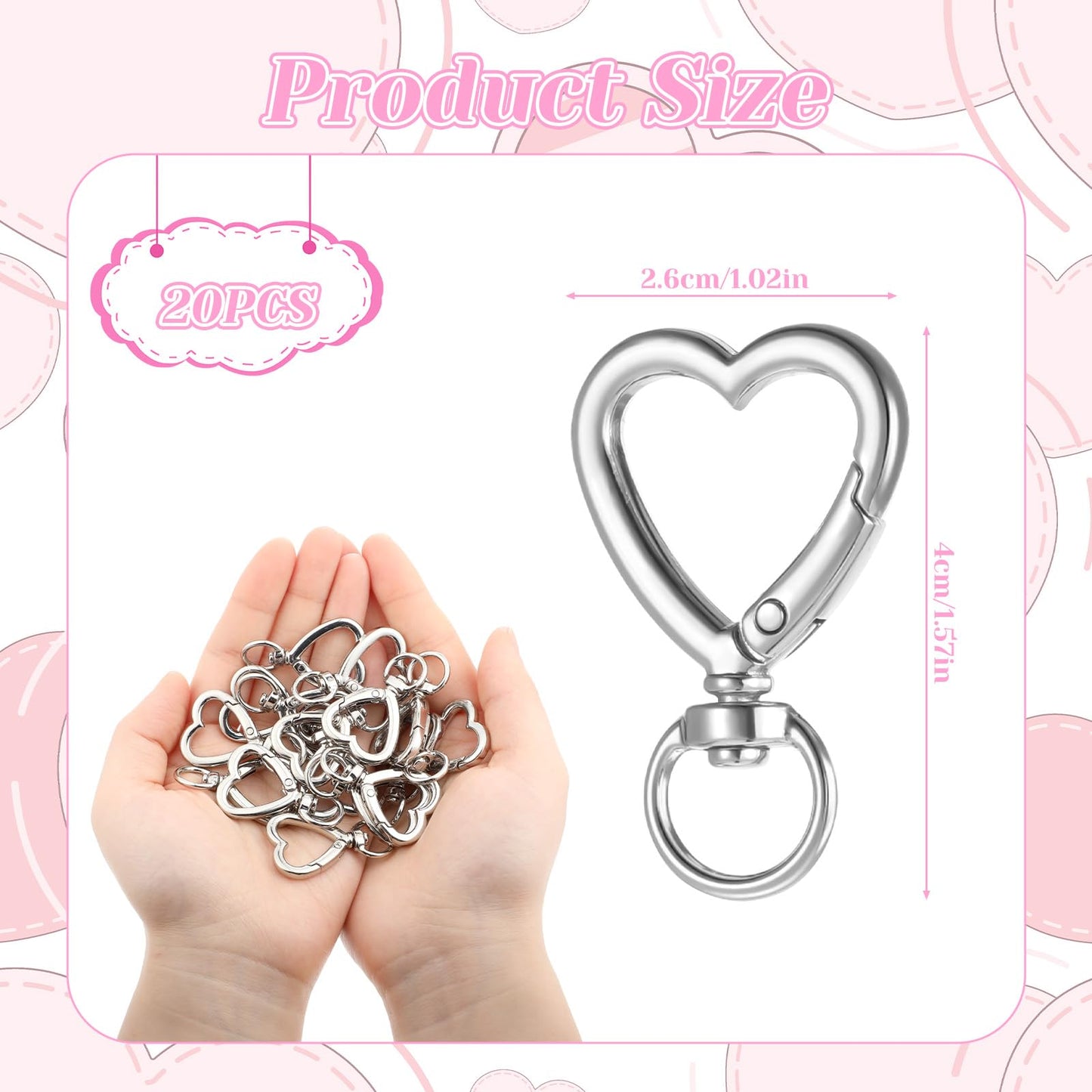20 Pcs Metal Heart Keychain Clip Sliver Heart Carabiner Clips for Keys, DIY Creative Design Hanging Buckle Key Ring Spring Snap Keychain Clip Snap Hook Keychain Clip for Wristlets Holders and Keychain