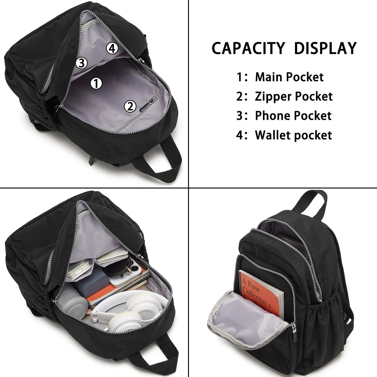 DOKUDOKU Small Nylon Backpack Mini Casual Daypack Lightweight Backpack for Women (BLACK)