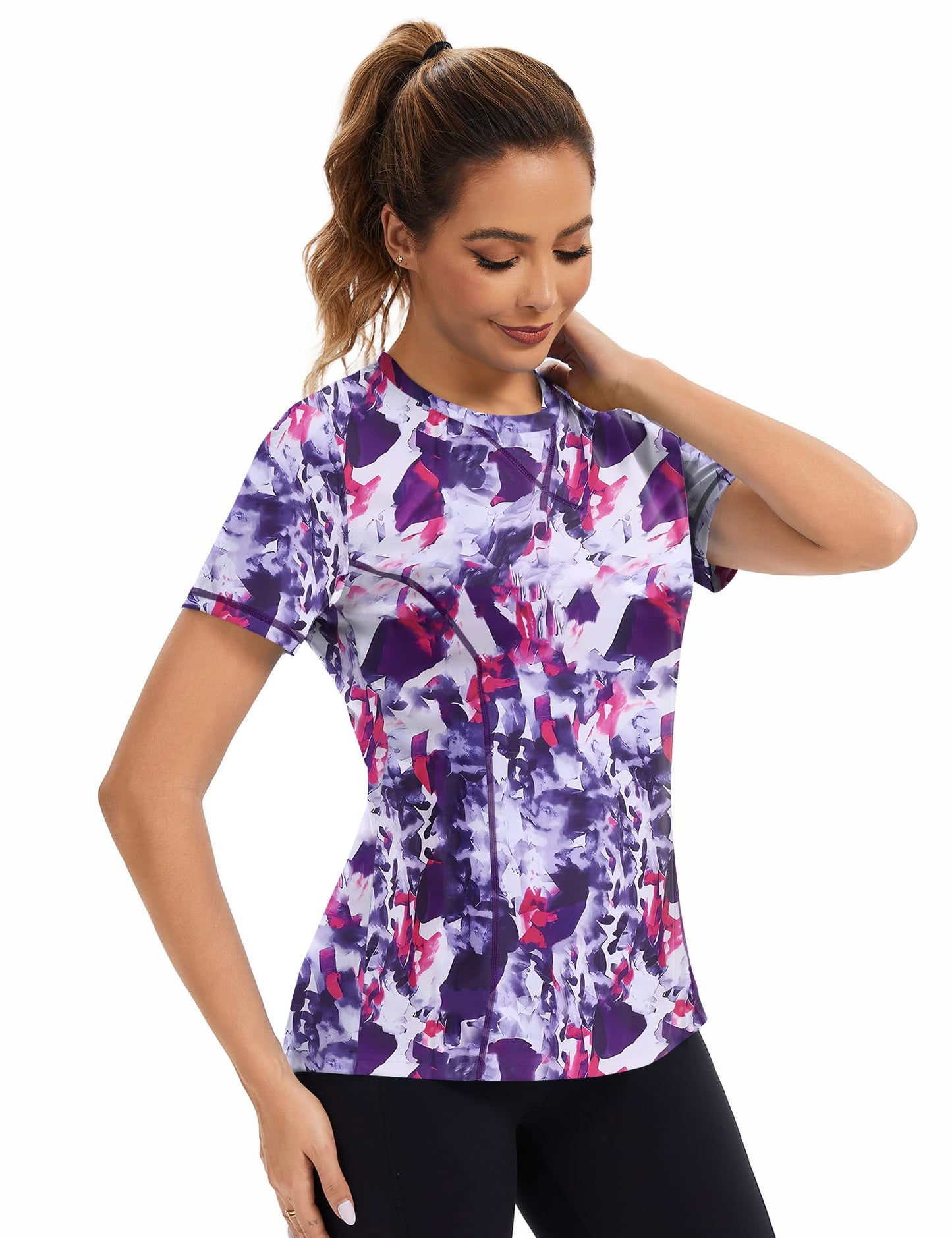 Avoogue Women's Activewear Short Sleeve Workout Tops Quick Dry UPF Sun Shirt Summer Running Hiking Yoga Shirts(Red Purple Colorblock,XL)