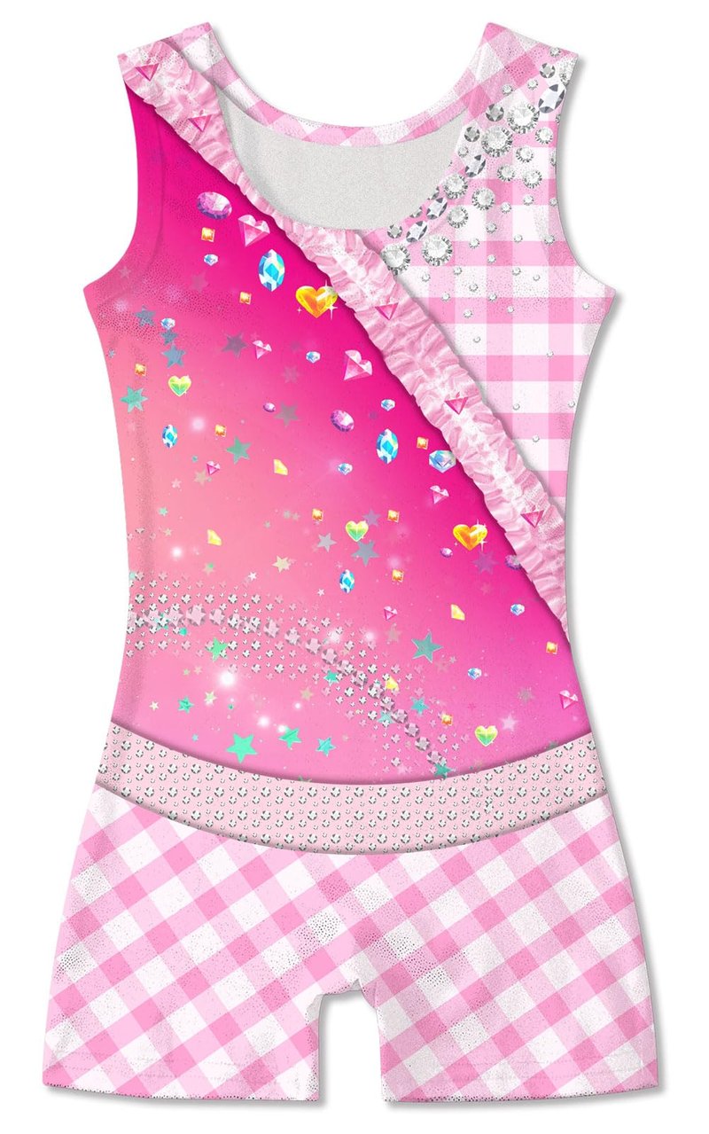 Funnycokid Gymnastics Leotards for Girls Toddler Dance Unitards with Shorts, Pink checkered diamonds, 3-4T