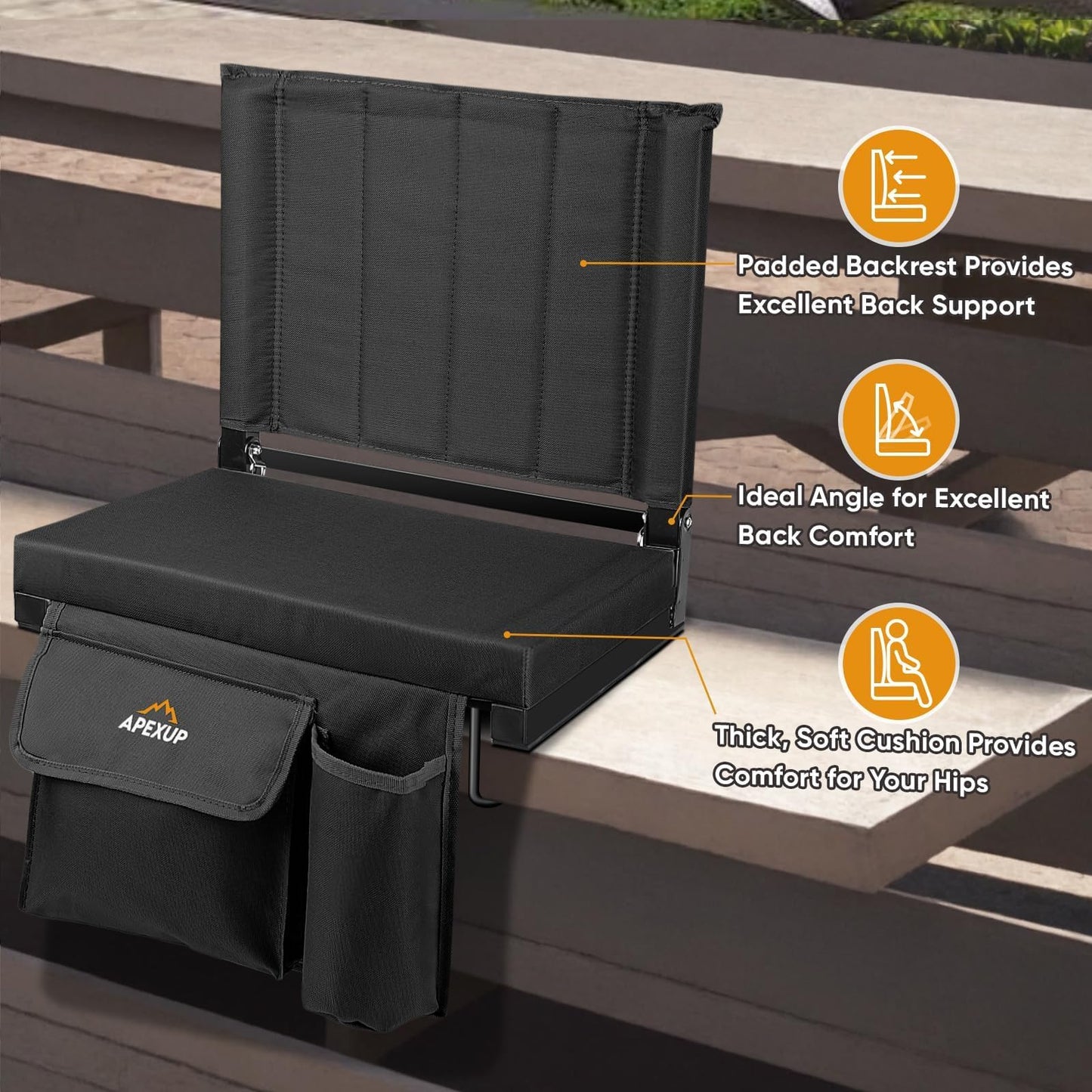 APEXUP Stadium Seats with Back Support, Portable Bleacher Seat with Large Pocket and Cup Holder, Wide Stadium Chair for Sports Events and Concerts (Black)