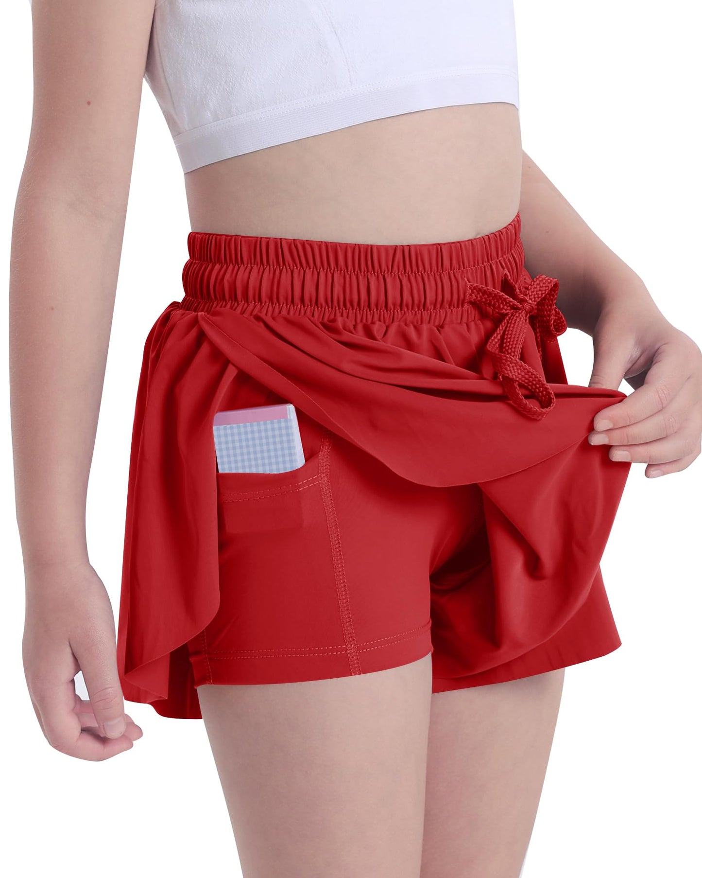 KEREDA Girls Flowy Shorts,Butterfly Shorts for Teen Girls with Spandex Liner 2-in-1 for Running,Gym,Athletic,Workout 1 Pack 9-10Y (Red)