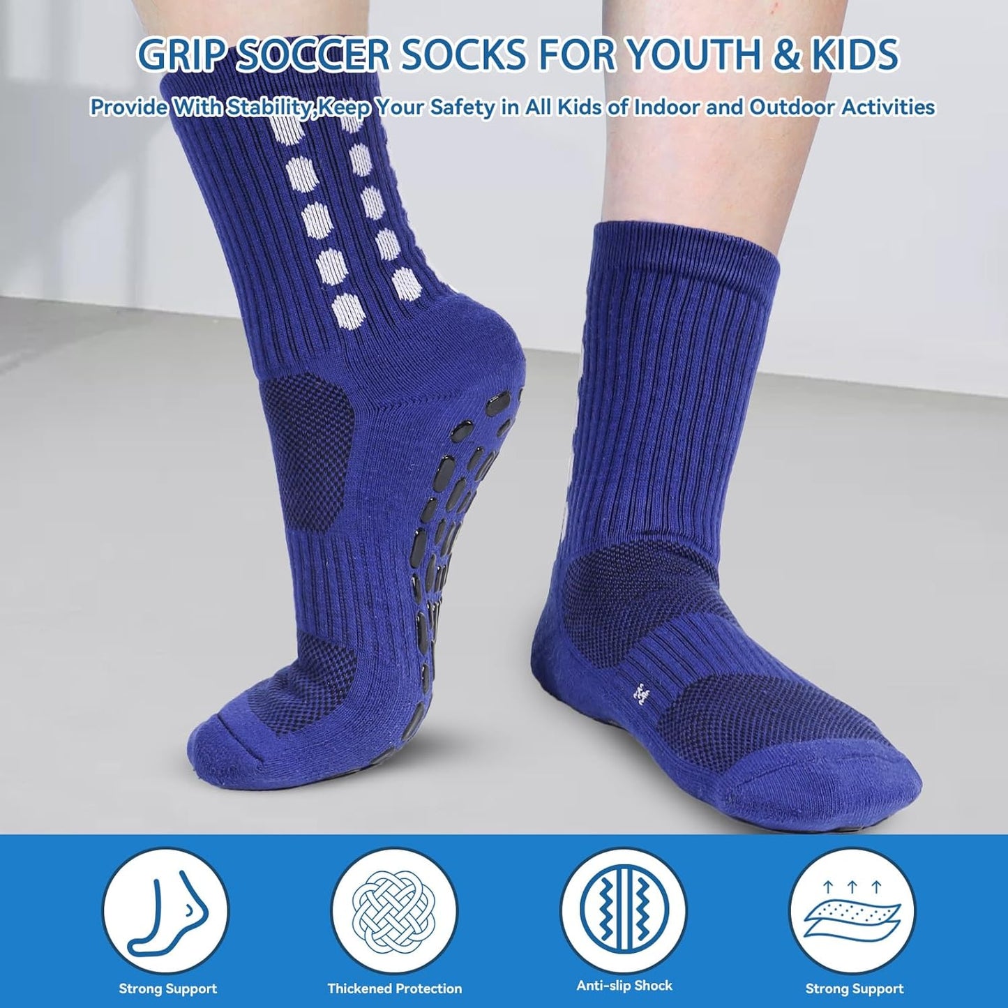 3 Pairs Kids Grip Soccer Socks Cushioned Non Slip Football Athletic Sports Socks for Boys Girls