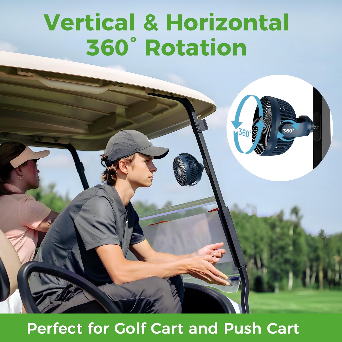 10L0L Magnetic Golf Cart Fan Rechargeable with Flexible Tripod Mount - 10000mAh Battery Operated Portable Fan 360° Rotatable Head, Fits for Yamaha/EZGO/Club Car Golf Cart with LED Light