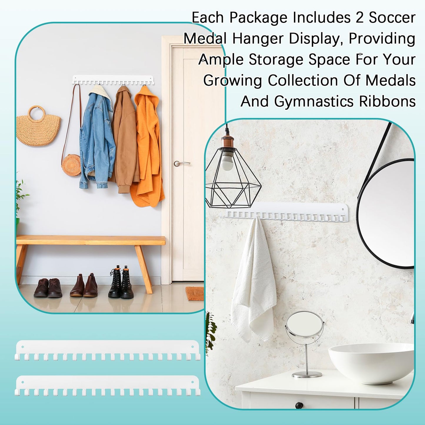 Geetery 2 2/4 Pack Medal Hanger Display with 20 Hooks Each, Steel Wall Mount Medal Holder Rack Holds 60+ Awards for Marathon Running Soccer Wrestling Gymnastics Swimming, Easy to Install (White)