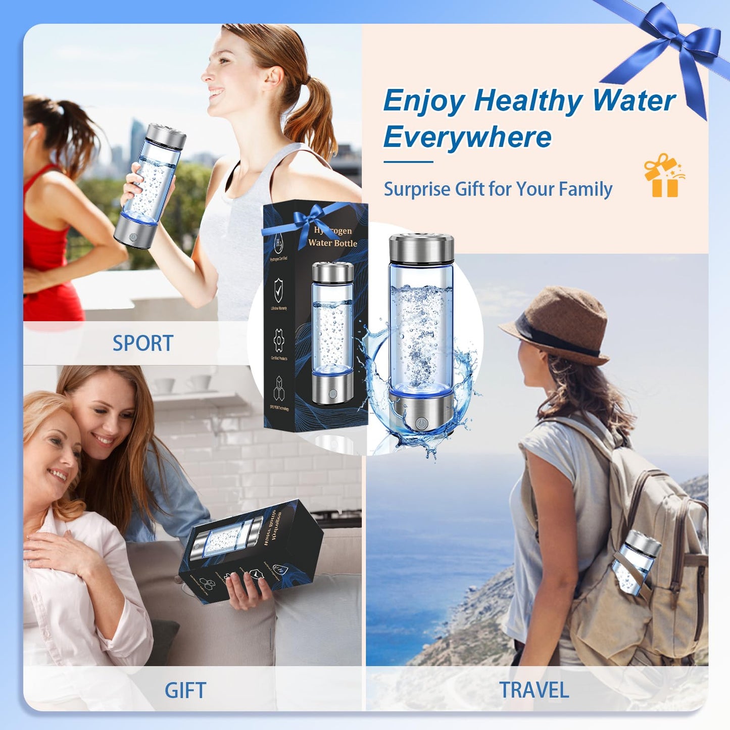 Hydrogen Water Bottle Generator, Portable Hydrogen Water Ionizer Machine Rechargeable Hydrogen Rich Water Glass Bottle for Travel 420ml Gift for Women Gifts for Men Gifts for Firend Birthday Gifts