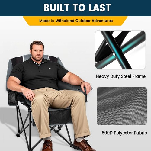 USKAU Oversized Camping Chair for Large Adults Heavy Duty 400 lbs Capacity, Comfortable Padded Folding Lawn Chair with Back & Headrest Support and Cup Holder, Portable Outdoor Chair with Carry Bag