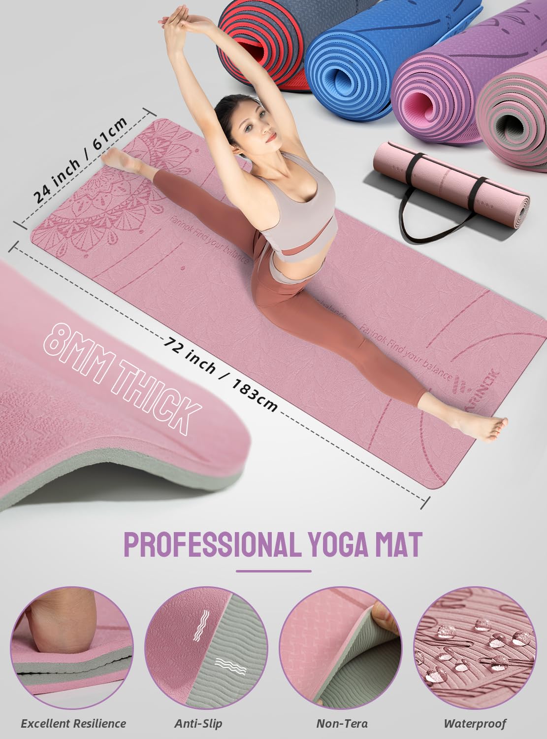 1/3 Pink Yoga Mat Thick, Yoga Set for Beginners Include High Density Pink Yoga Mat with Multi-loops Strap, Blocks, Booty Resistance Band Set, Door Anchor, Carring Strap