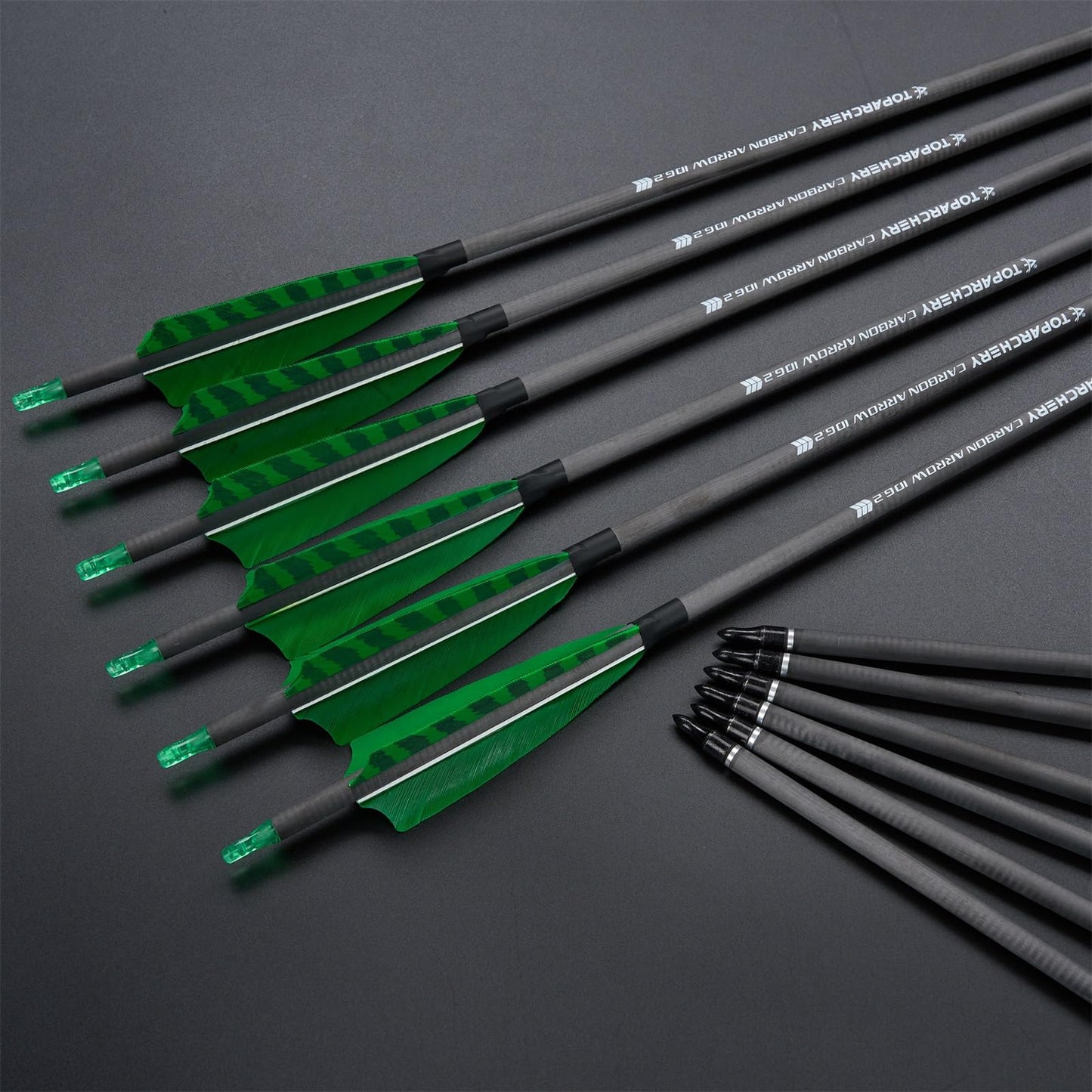TOPARCHERY Premium 31" Carbon Hunting Arrows with Selected 4" Real Turkey Feathers Fletching and Removable Tips - 400 Spine Practice Target Arrows for Compound & Recurve Bow - 12Pcs (Green&Black)