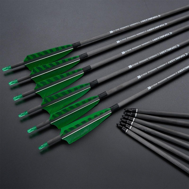 TOPARCHERY Premium 31" Carbon Hunting Arrows with Selected 4" Real Turkey Feathers Fletching and Removable Tips - 400 Spine Practice Target Arrows for Compound & Recurve Bow - 12Pcs (Green&Black)